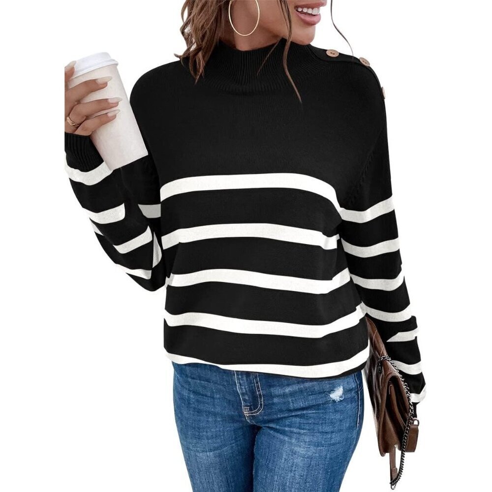 Women Knit Sweater Long Sleeve Turtleneck Color Block Striped Casual Top